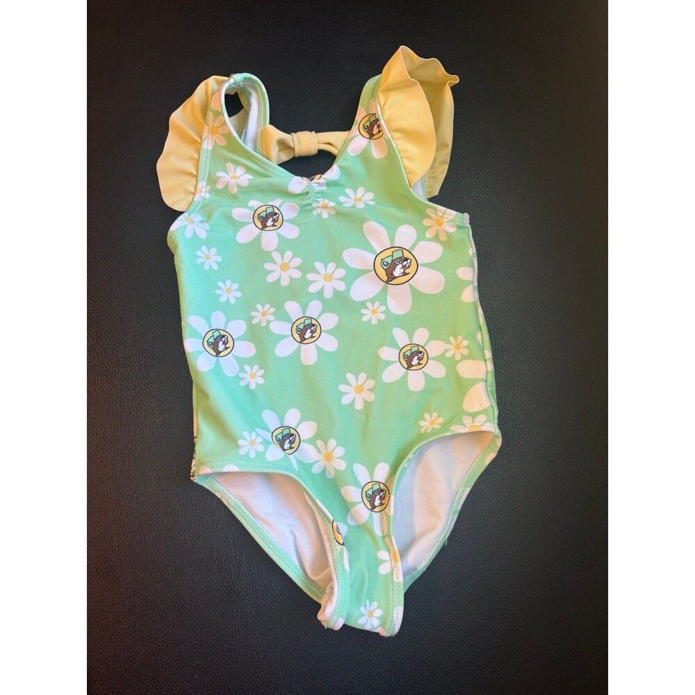 Buc-ee’s girls green turquoise floral daisy one piece bathing suit toddler 18M